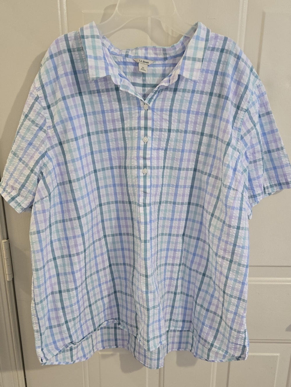 L.L. Bean Vacationland Seersucker Popover Shirt Blouse Plaid Blue Cotton 3X